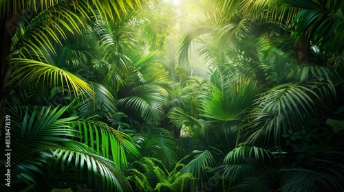 tropical green rainforest with exotic plants and animals