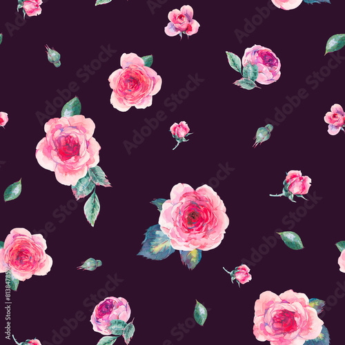 Watercolor Vintage Botanical Garden Roses Seamless Pattern (ID: 813847857)
