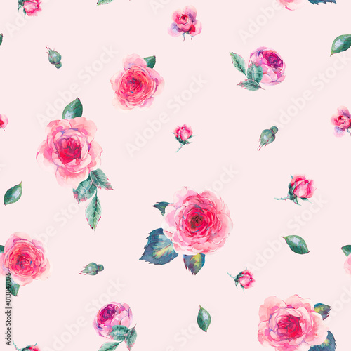 Watercolor Vintage Botanical Garden Roses Seamless Pattern (ID: 813847875)