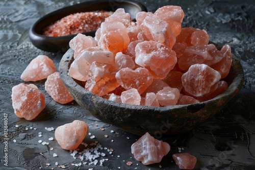 pink himalayan crystal salt rocks on dark matte textured surface background gourmet culinary seasoning ingredient detailed closeup food photography