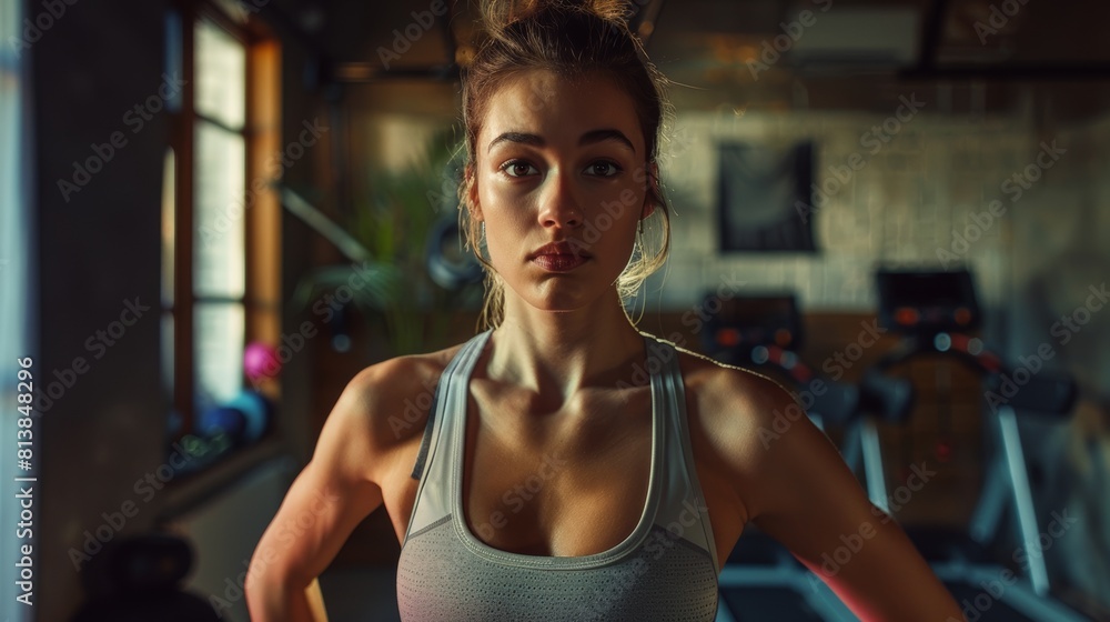 Fototapeta premium An athletic woman uses a fitness streaming app for virtual training. Beautiful girl working out with her personal trainer.