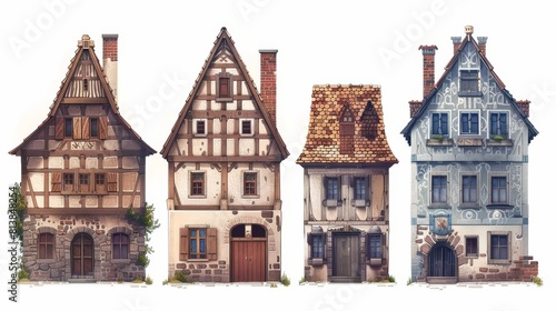 Isolated medieval german building clipart. Exterior of an ancient europe town cottage. A century-old Amsterdam house with a chimney. Collection of historical brick houses and cityscape architecture photo