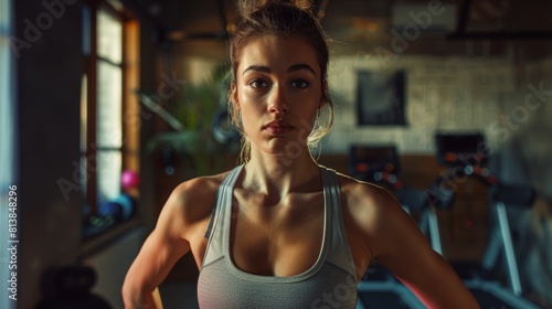 An athletic woman uses a fitness streaming app for virtual training. Beautiful girl working out with her personal trainer.