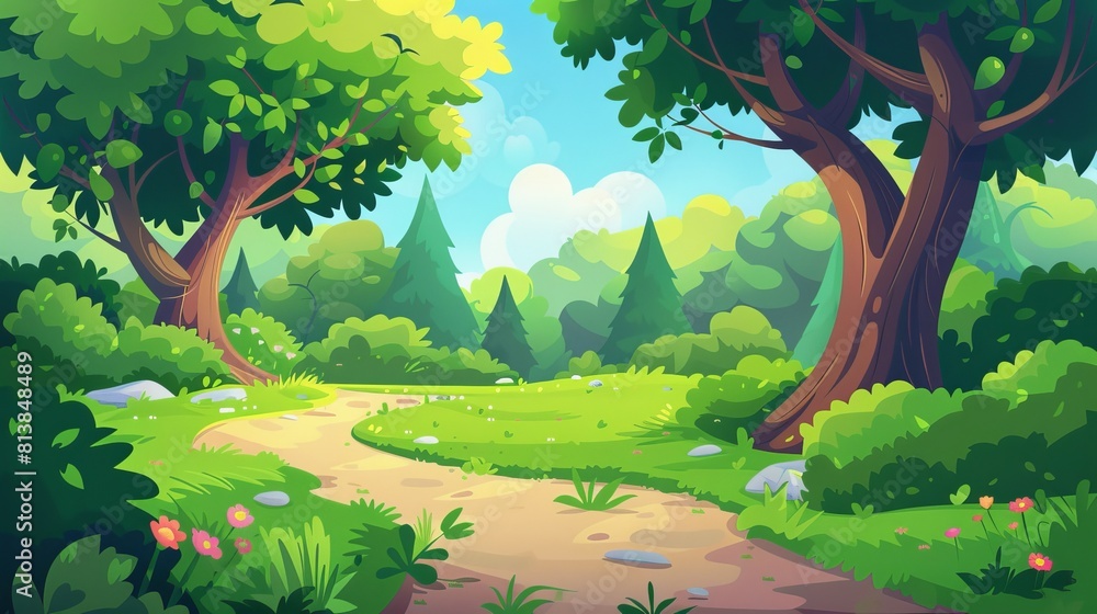 Cartoon illustration of spring or summer jungle landscape with leaving solid trail. Natural woodland scenery with path in the forest.
