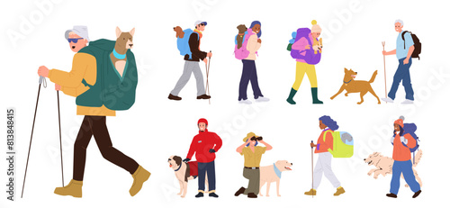 People adventures cartoon characters enjoying hiking in mountains with dog pets isolated set
