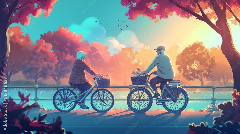 Obraz premium Two people on bicycles ride down a path in a park. The man on the left is wearing a hat and the woman is wearing a jacket. The scene is peaceful and serene