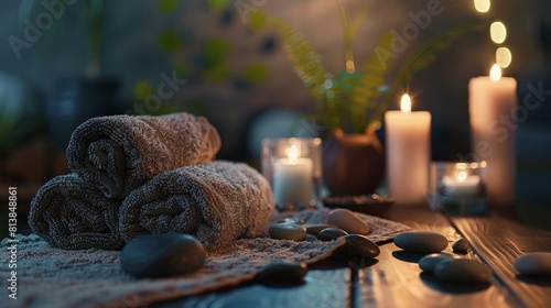 A couple of towels are laying on a table next to some rocks and candles