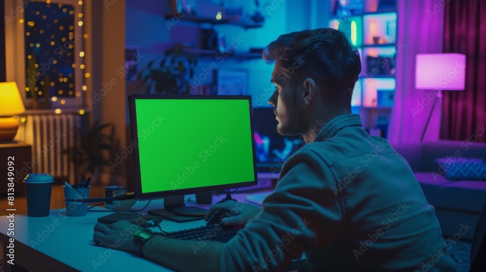 Working from home on the computer with a green screen mockup display. Male checking corporate accounts, messaging colleagues. Loft living room at night. Working from home on the computer with a green screen mockup display. Male checking corporate accounts, messaging colleagues. Loft living room at night.