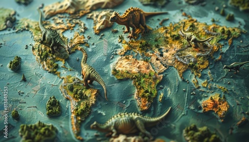 Represent a timelapse illustration of continental drift, showing how the shifting of tectonic plates shaped the distribution of dinosaurs across the globe
