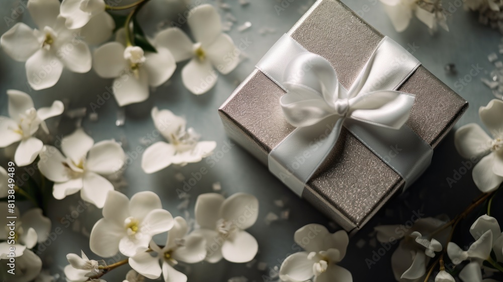 a silver gift box with a white ribbon tied beautifully. Around the gift box, there are white flowers with soft petals and stems, adding a touch of nature and softness to the picture. a silver gift box with a white ribbon tied beautifully. Around the gift box, there are white flowers with soft petals and stems, adding a touch of nature and softness to the picture.