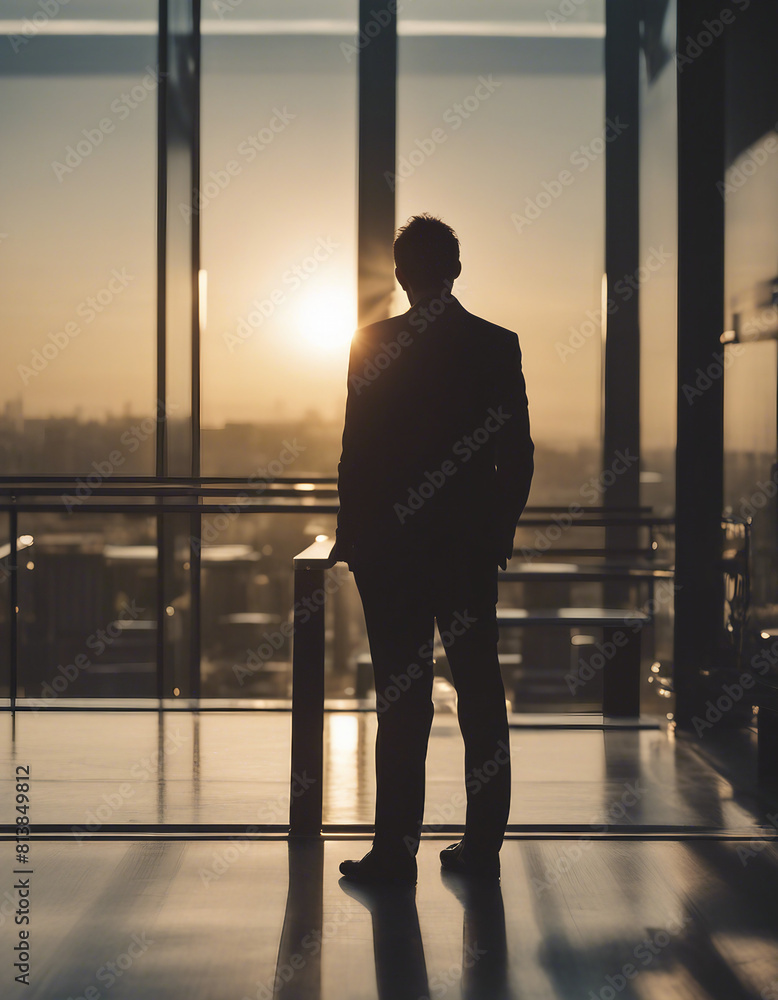 silhouette of businessman watching the sunset with his hands in his pockets on the terrace of the building
silhouette of businessman watching the sunset with his hands in his pockets on the terrace of the building