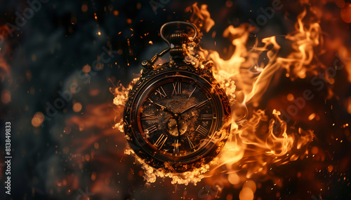 A antique watch engulfed in flames against a dark background. Generative AI