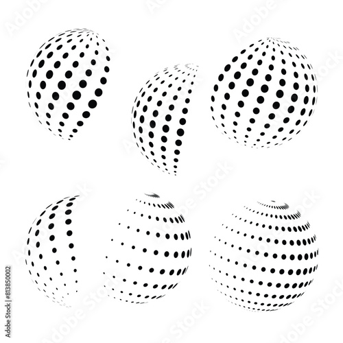 Set of halftone circle 3d sphere. Logo emblem design element, treatment, cosmetic. half Globe icon using circle line raster texture, Vector illustration, half dot circle