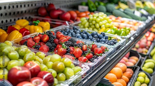 Detailed close-up of a supermarket display case, showcasing a variety of colorful fresh fruits and vegetables on an isolated background