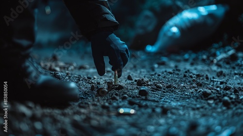 In a documentary, a forensics specialist finds a bullet shell at a crime scene at night. An expert determines the potential cause of death while bagging a cartridge and zipping it for evidence. photo