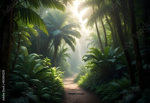 A lush  green tropical rainforest with a winding dirt path leading through the dense foliage