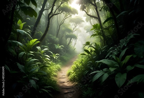 A lush, green tropical rainforest with a winding dirt path leading through the dense foliage