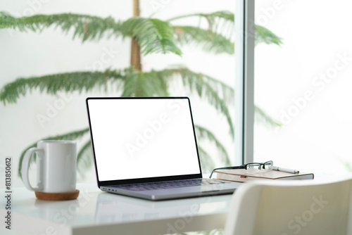 Laptop computer with empty screen, stationery and potted plant on white table in bright office.