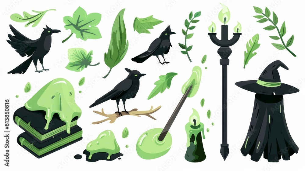 Obraz premium Cartoon witch and wizard UI assets sets. Modern icons of magic wands and brooms, green fog and black ravens, open fantasy books. Halloween decoration set.