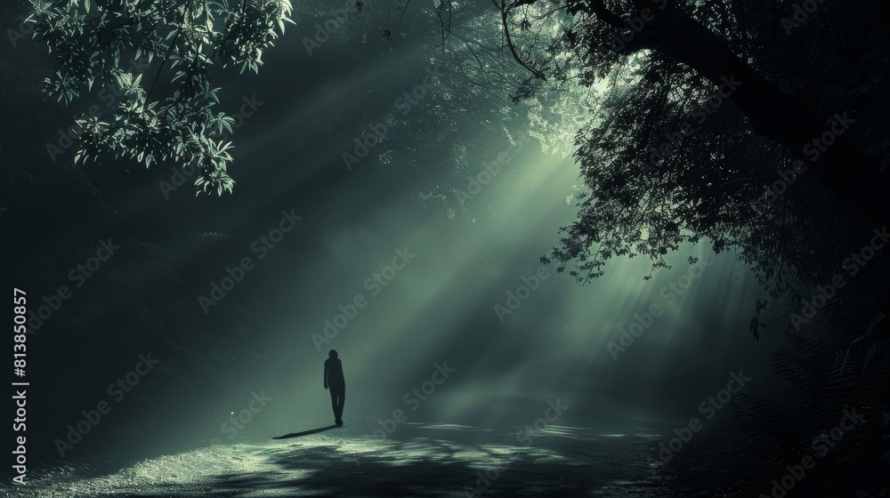 A woman stands in a forest with trees and leaves A woman stands in a forest with trees and leaves
