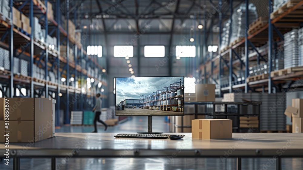Display on a desk with a desktop computer monitor. Small business warehouse with a worker walking in the background. Desk with cardboard boxes. Display on a desk with a desktop computer monitor. Small business warehouse with a worker walking in the background. Desk with cardboard boxes.