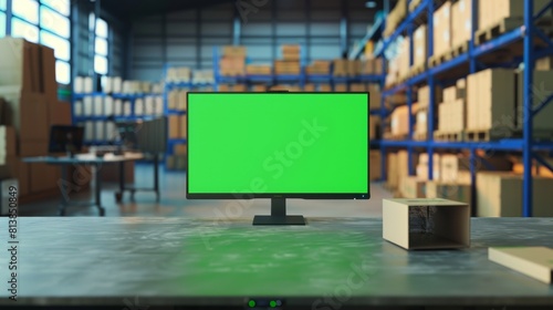 The image shows a desktop computer monitor on a table with a green screen chromakey mock up display. A small business warehouse stands in the background. The desktop is surrounded by cardboard boxes. photo