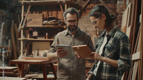 Carpenter and a Young Female Apprentice Working in Loft Studio Discussing Design of a New Wooden Chair on a Tablet Computer.