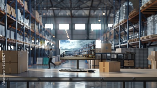 Display on a desk with a desktop computer monitor. Small business warehouse with a worker walking in the background. Desk with cardboard boxes.