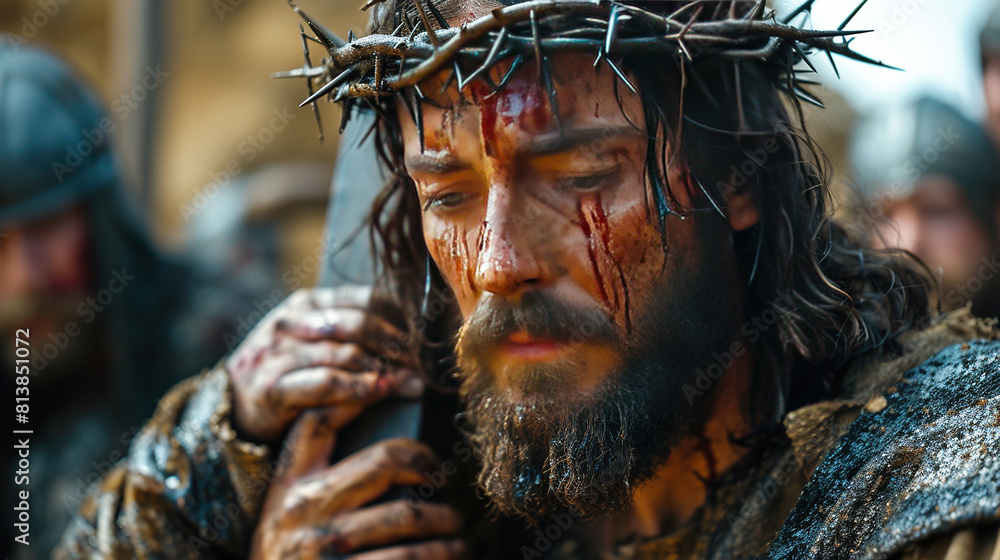 Middle Eastern Jesus Beaten and Bruised Crown Of Thorns Carrying The Cross Ancient Jerusalem On Blurry Background