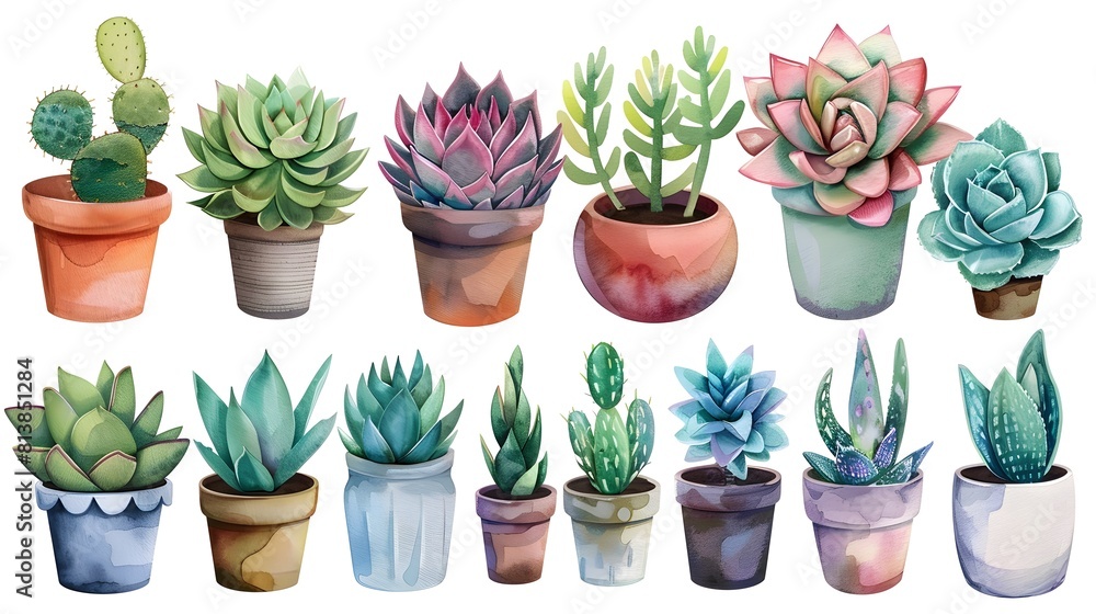 Fototapeta premium Assorted Potted Succulents and Cacti Displayed on Wooden Table in Natural Lighting for Home or Office Decor