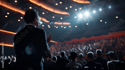During a motivational keynote presentation during a Business Technology Summit  crowds of smart tech people applauded in a dark conference hall. Male in focus.