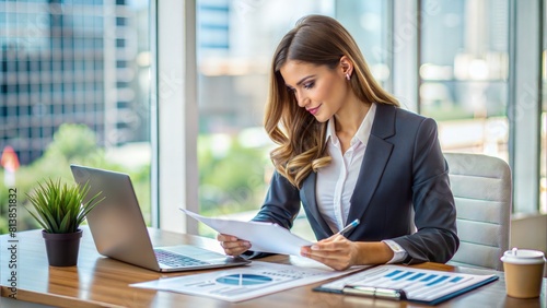 Professional Businesswoman Analyzing Financial Reports 