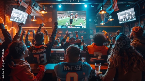 Hundreds of American football fans cheering and supporting their team in a sports pub watching a live broadcast of a game. Crowd gets ecstatic as their team scores a goal and wins.