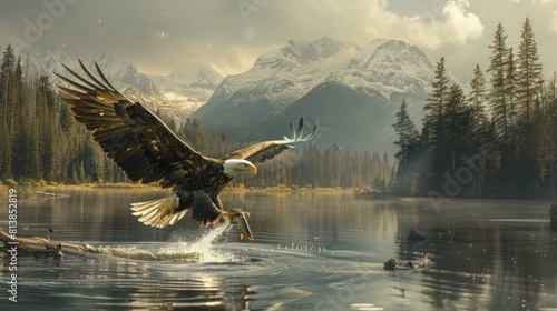a large eagle flying low above the water surface. Its wings were spread wide, and its claws were gripping the fish.