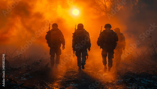 Soldiers walking in the battlefield against the backdrop of sunset