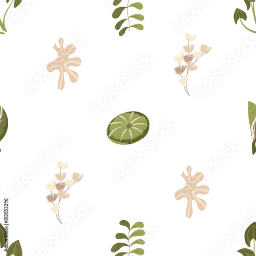 Sea plants, seaweed, leaves, starfish, flowers, sea. Seamless pattern for prints. Vector illustration in flat modern style.