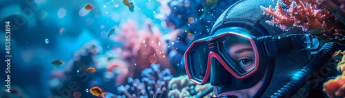 A diver s gear, including fins and a mask, softly lit and surrounded by coral reef visuals The empty, blurred background brings attention to the vivid underwater world photo