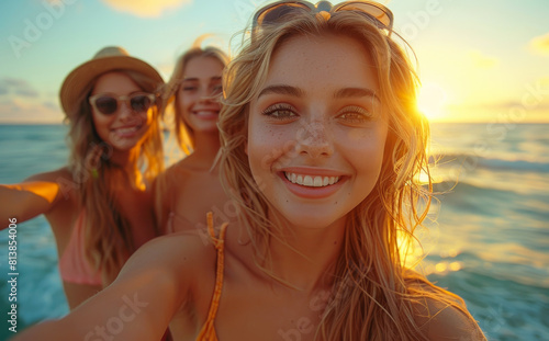 Three beautiful young women are walking on the beach smiling and taking selfie.