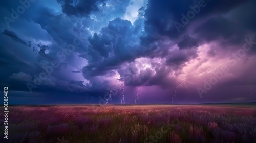 Dramatic Thunderstorm Raging Over Vast Prairie Landscape with Striking Lightning Bolts in Moody Sky