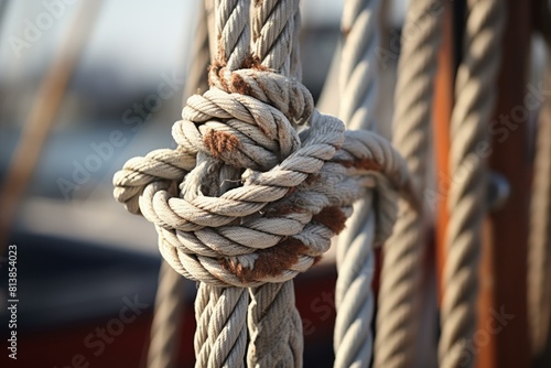 Detailed image showcasing the complexity of a rope knot used in sailing, with a blurred background photo