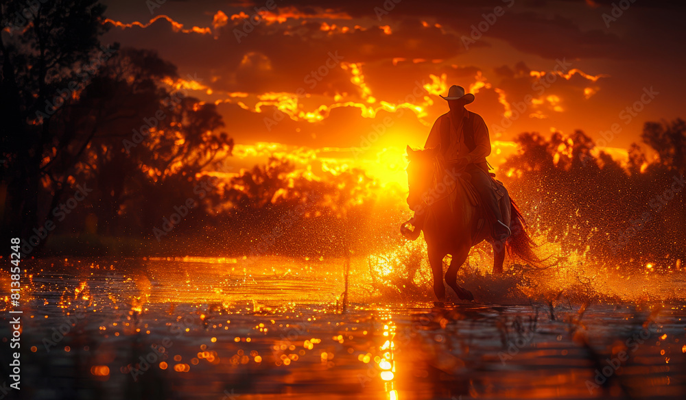 Cowboy rides his horse through river at sunset. Cowboy rides his horse through river at sunset.