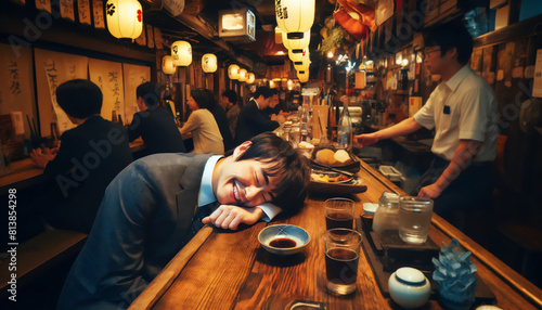 居酒屋で酔ってカウンターで眠る日本人ビジネスマン
