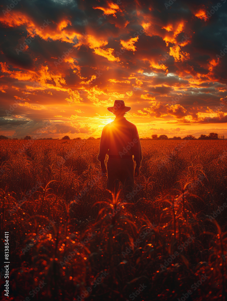 Fototapeta premium Farmer is standing in wheat field at sunset