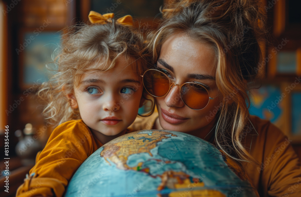 Mother and daughter look at globe. Mother and daughter look at globe.