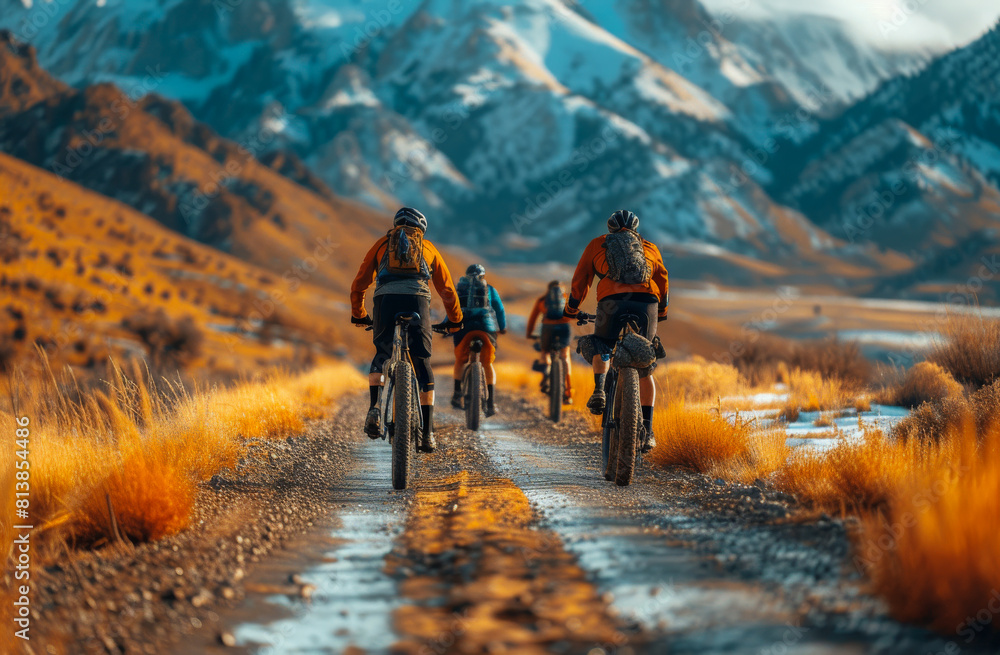 Four mountain bikers riding on dirt road in the mountains