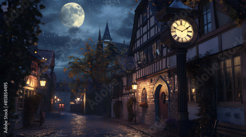 Fototapeta Naklejka Na Ścianę i Meble -  A small town street at night with a large clock tower in the background