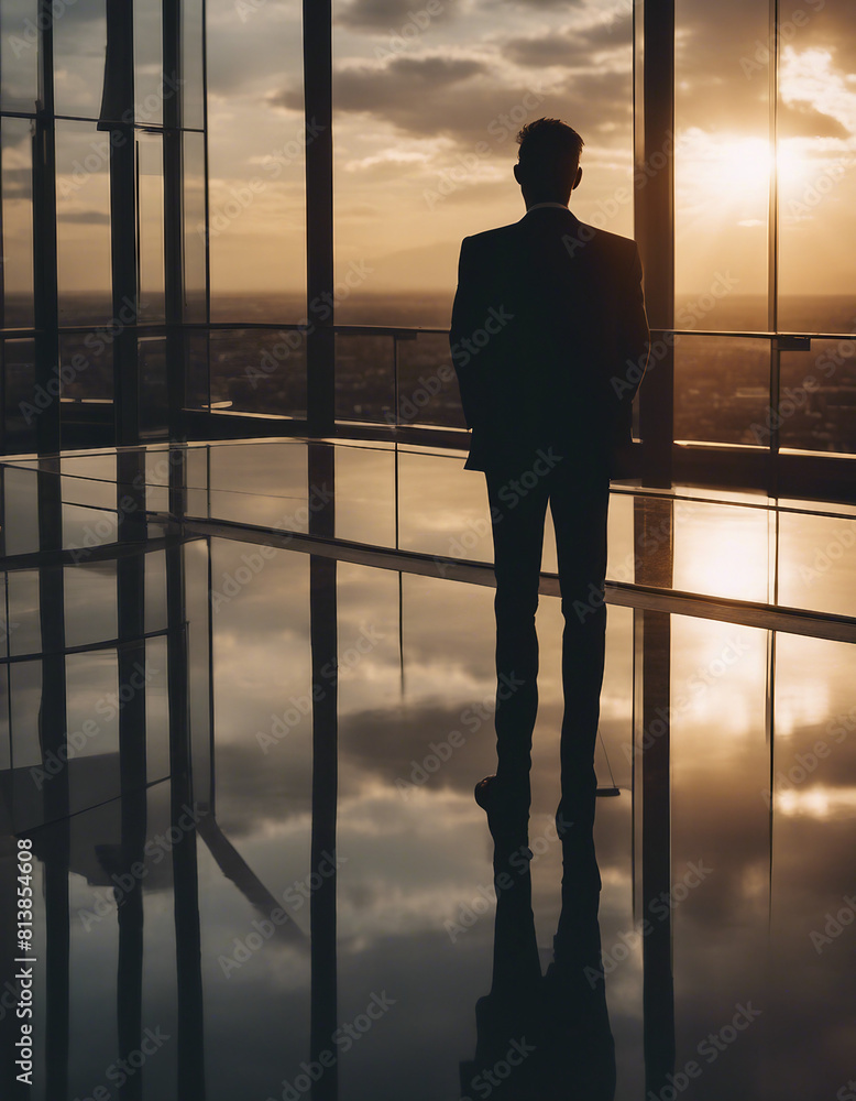 silhouette of businessman watching the sunset with his hands in his pockets on the terrace of the building
silhouette of businessman watching the sunset with his hands in his pockets on the terrace of the building