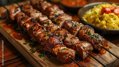 Delicious and juicy lamb skewers with rice.