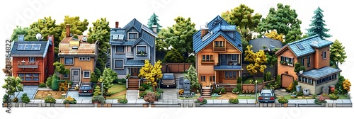 Create an illustration depicting different types of real estate properties including residential commercial industrial and vacant land.