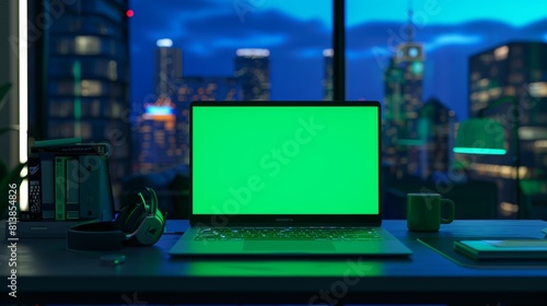 Located in a creative office at night, a laptop stands on a desk with a green screen chromakey mock-up display. A coffee cup, headphones, and notebook stand on a table. photo